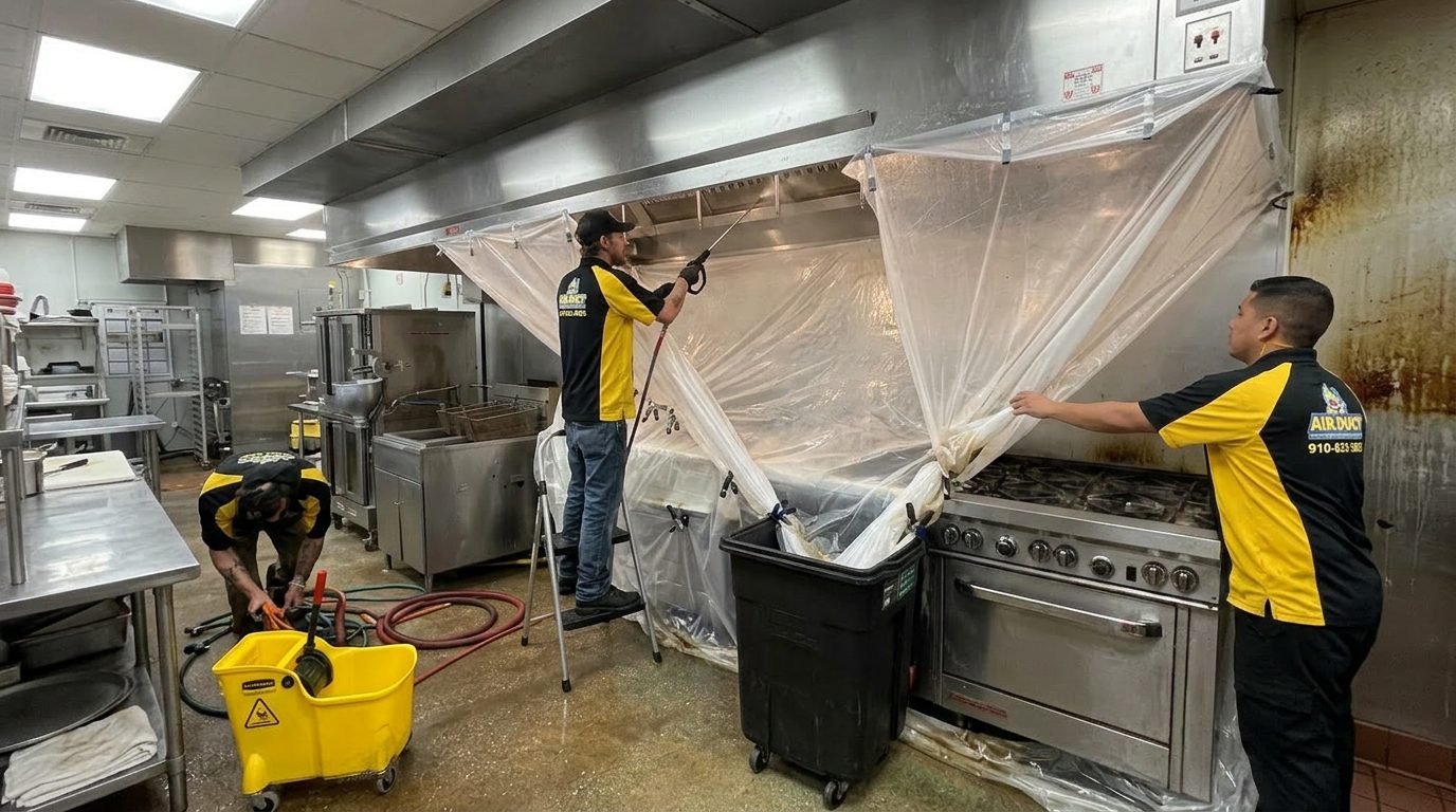 Restaurant hood cleaning in Wilmington NC — hood, plenum, ductwork, and exhaust fan degreased